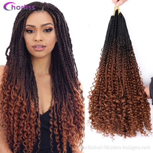 Wholesale Ombre Messy Goddess Boho Braided Bohemian Box Braids With Curls Un-ruly Synthetic Crochet Hair Extension For Woman